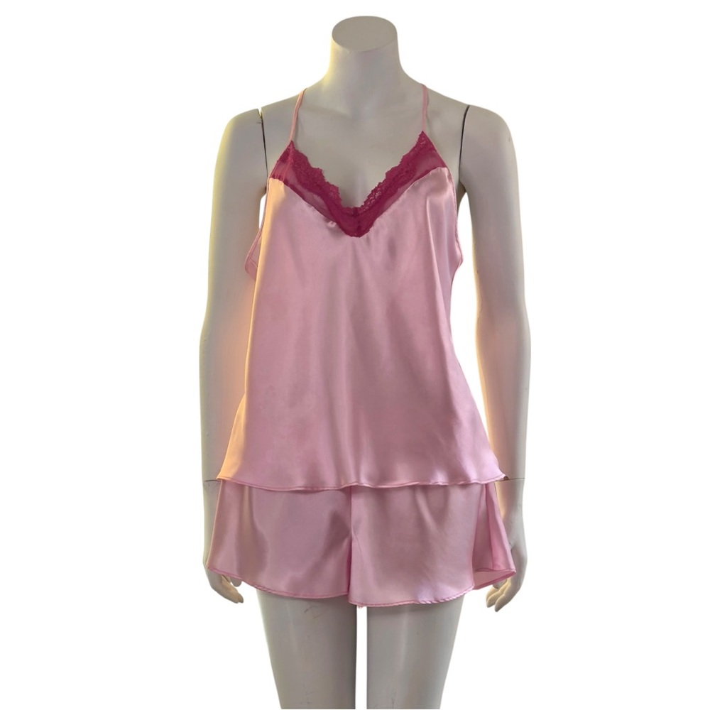 Pink Lace Trim Satin Sleepwear Set